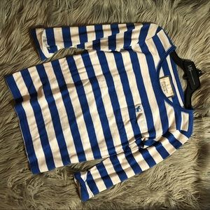 Blue and white striped elbow length sleeve shirt